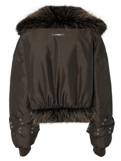 JYOSEI Women Winter Quilted Jacket With Gray Fur Collar Loose Oversized Fashion