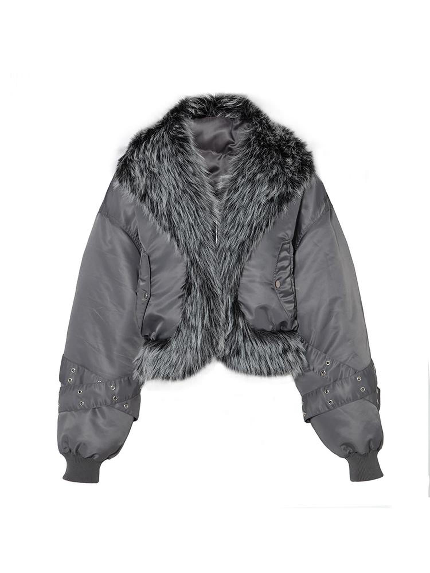 JYOSEI Women Winter Quilted Jacket With Gray Fur Collar Loose Oversized Fashion