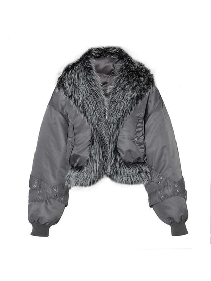 JYOSEI Women Winter Quilted Jacket With Gray Fur Collar Loose Oversized Fashion