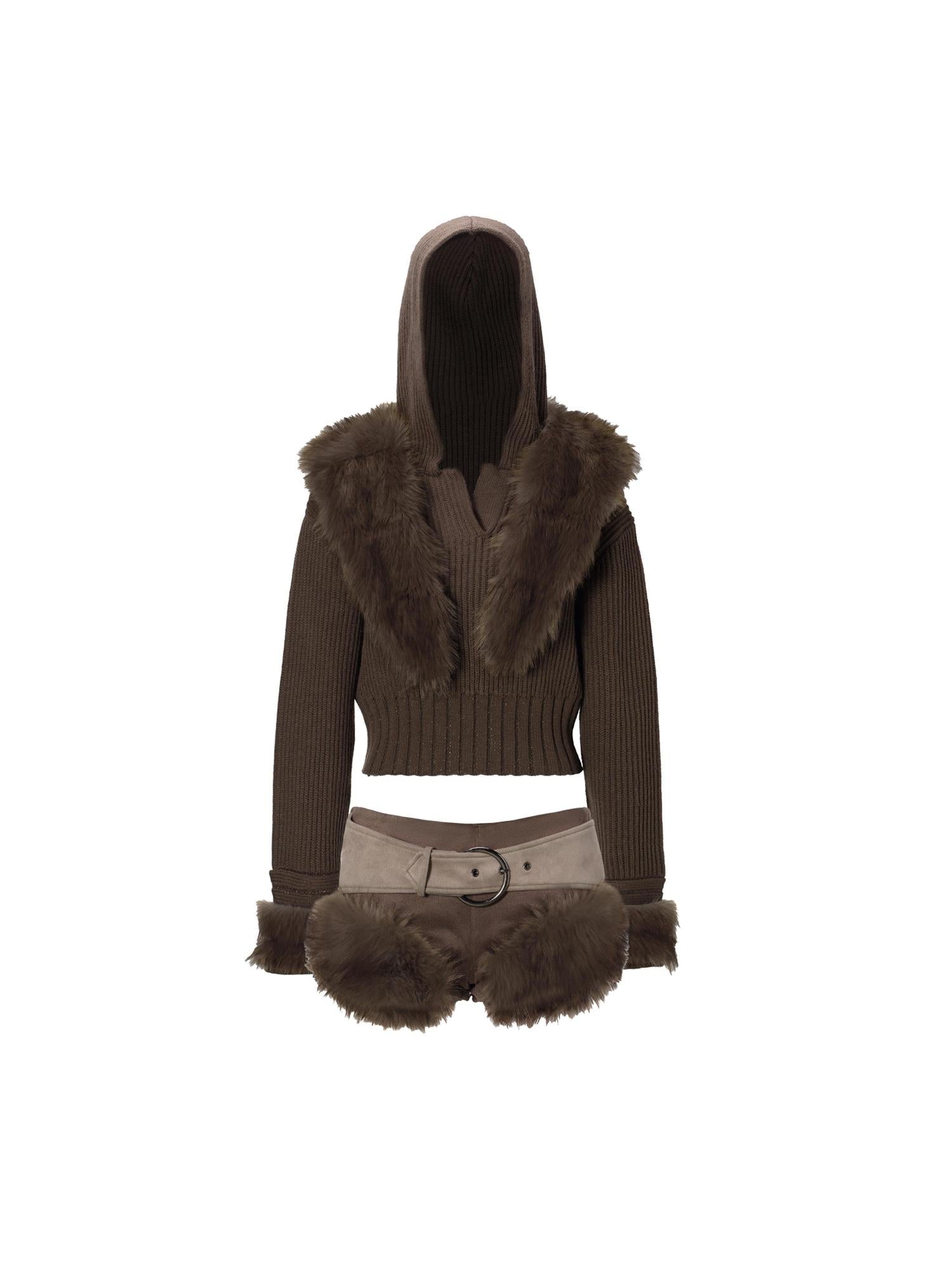 JYOSEI Wool Blend Fringe Hooded Knit Sweater With Suede Shorts Set