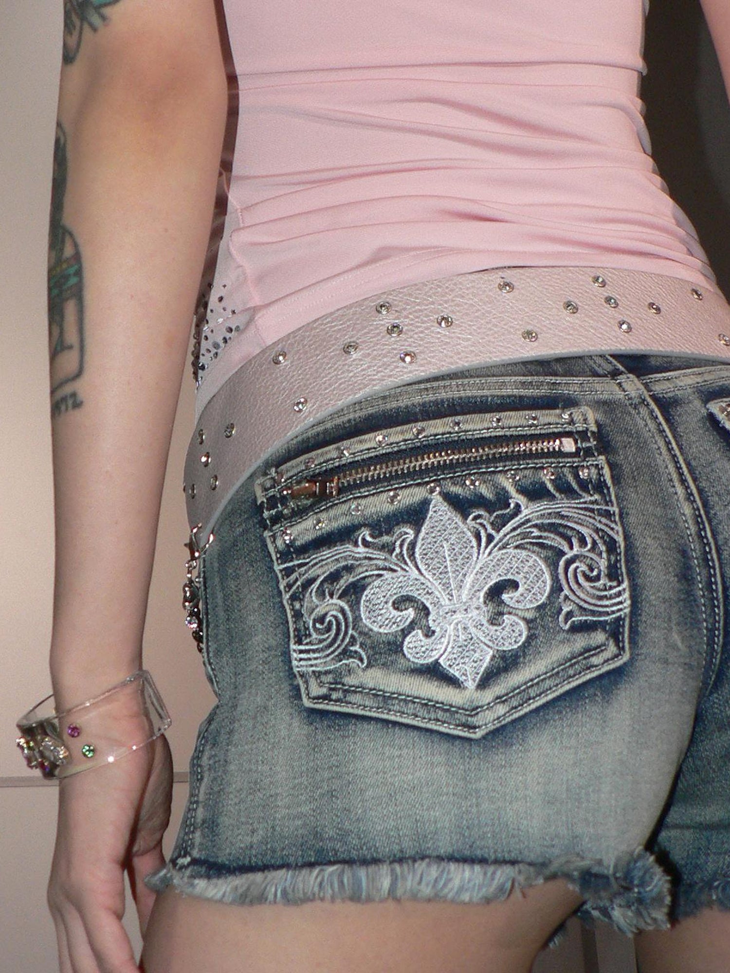 JYOSEI Y2K Distressed Embroidered Denim Shorts Low Rise Ripped Jeans With Studs