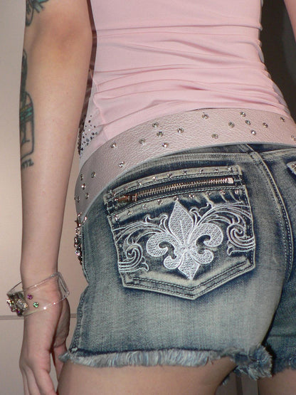 JYOSEI Y2K Distressed Embroidered Denim Shorts Low Rise Ripped Jeans With Studs