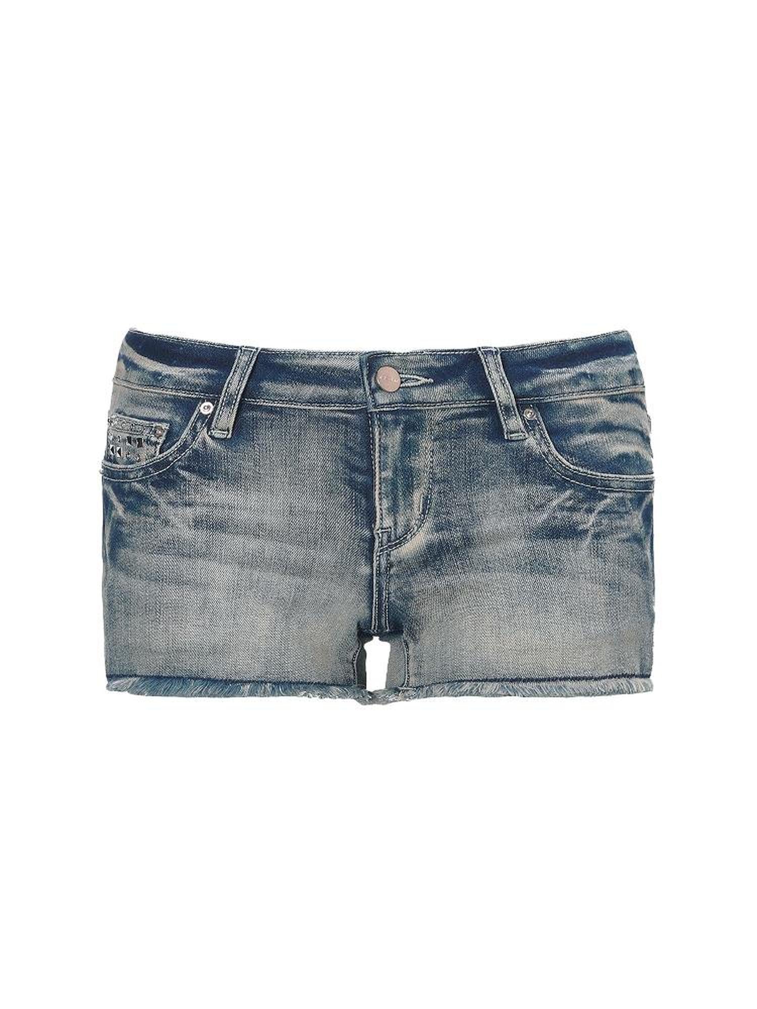 JYOSEI Y2K Distressed Embroidered Denim Shorts Low Rise Ripped Jeans With Studs