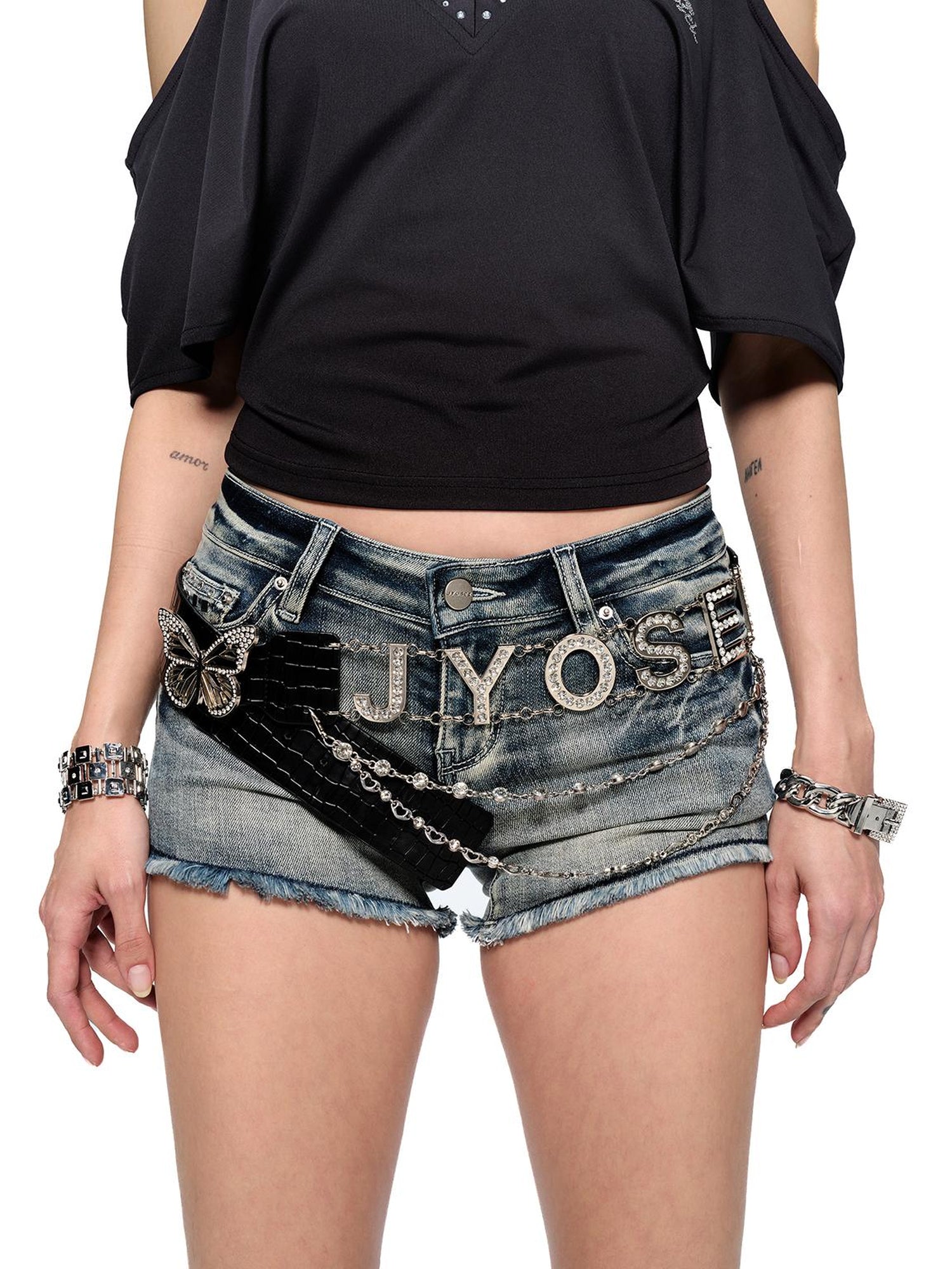 JYOSEI Y2K Distressed Embroidered Denim Shorts Low Rise Ripped Jeans With Studs