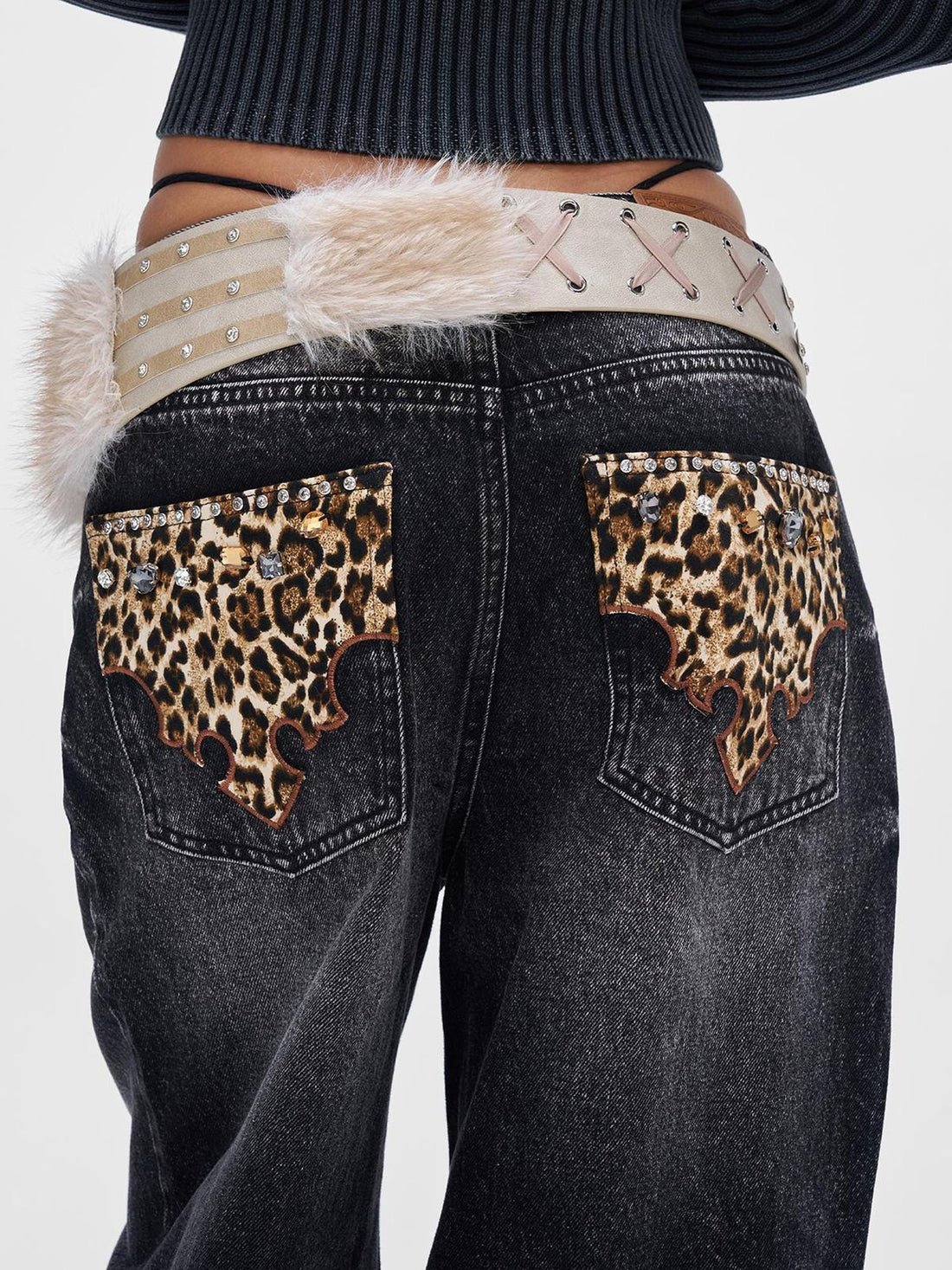 JYOSEI Y2K Faux Fur Leather Belt With Rhinestone Embroidery