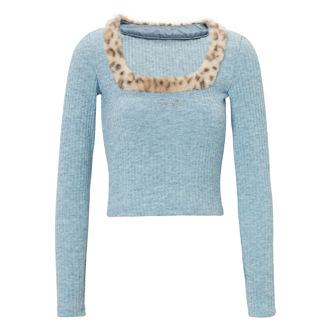 JYOSEI_Y2K_Faux_Fur_Trim_Knit_Top_V_Neck_Long_Sleeve_T_Shirt_&amp;_Snake_Skin_Bodycon_Skirt_Set_MISSTT