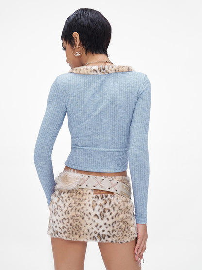 JYOSEI Y2K Faux Fur Trim Knit Top V Neck Long Sleeve T Shirt &amp; Snake Skin Bodycon Skirt Set
