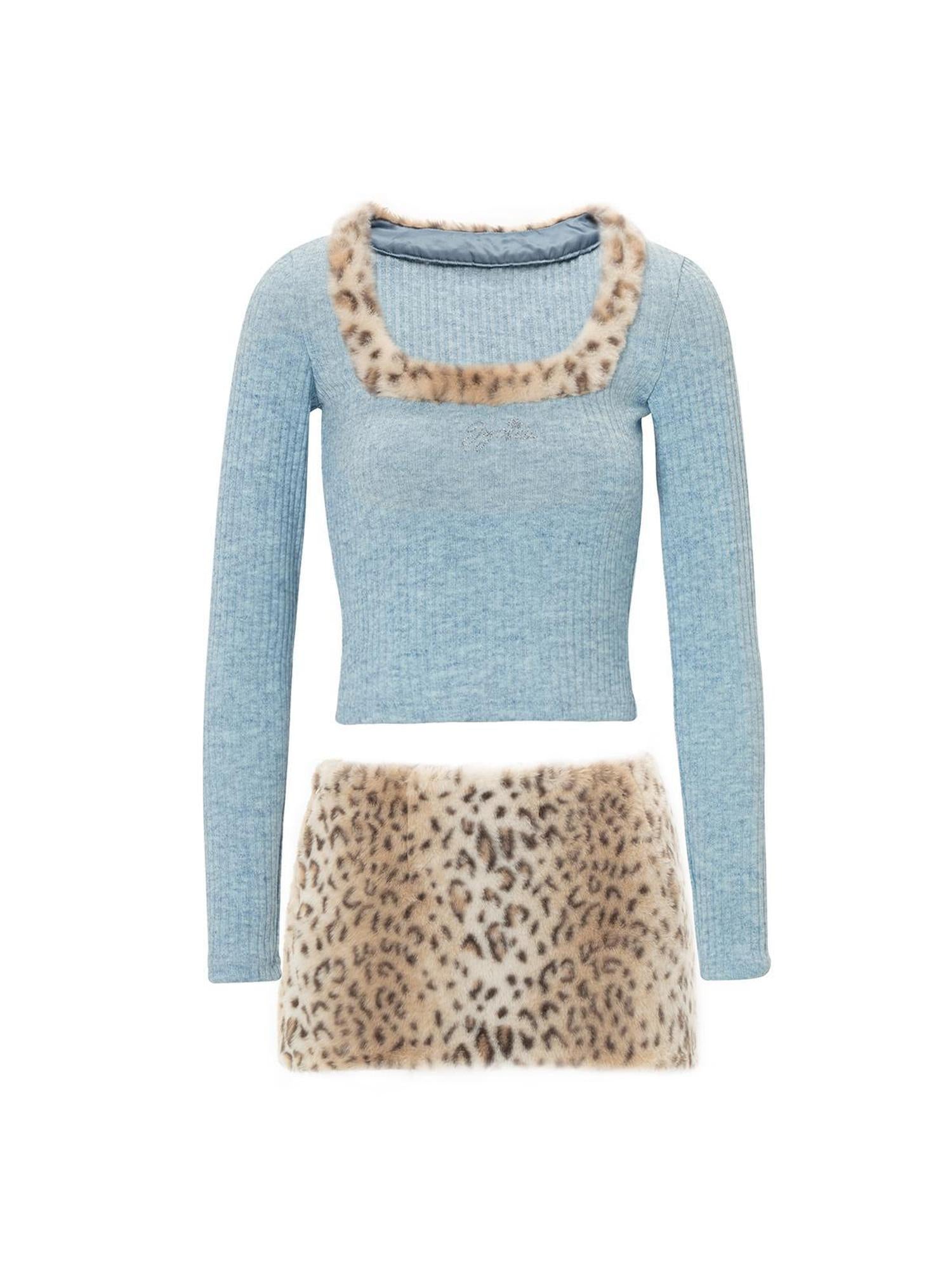 JYOSEI Y2K Faux Fur Trim Knit Top V Neck Long Sleeve T Shirt &amp; Snake Skin Bodycon Skirt Set