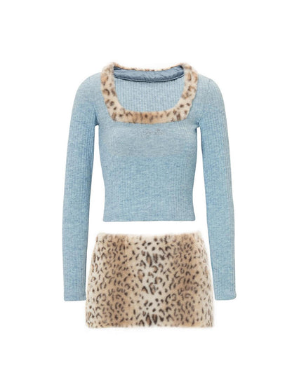 JYOSEI Y2K Faux Fur Trim Knit Top V Neck Long Sleeve T Shirt &amp; Snake Skin Bodycon Skirt Set