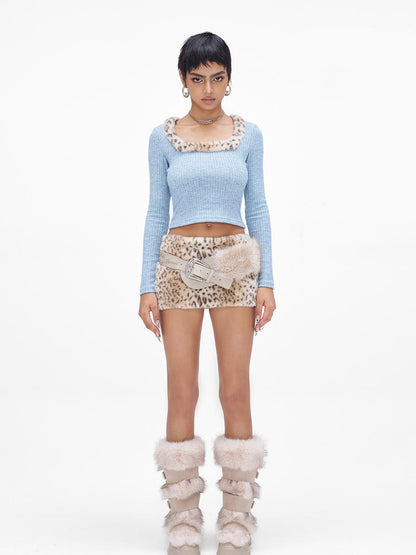 JYOSEI Y2K Faux Fur Trim Knit Top V Neck Long Sleeve T Shirt &amp; Snake Skin Bodycon Skirt Set