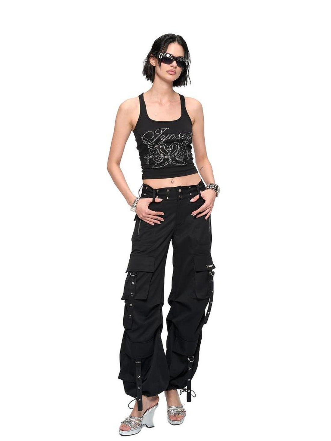 JYOSEI Y2K Low Waist Cargo Wide Leg Pants with Rivet Eyelets
