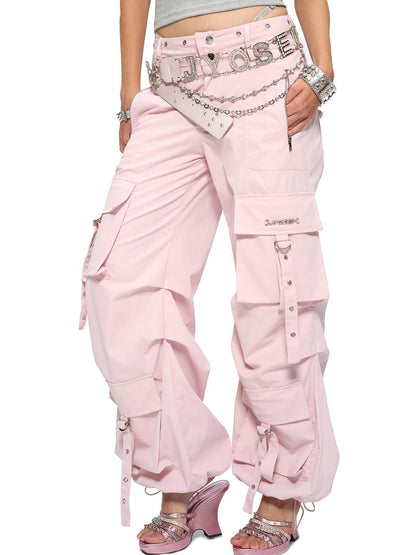 JYOSEI Y2K Low Waist Cargo Wide Leg Pants with Rivet Eyelets