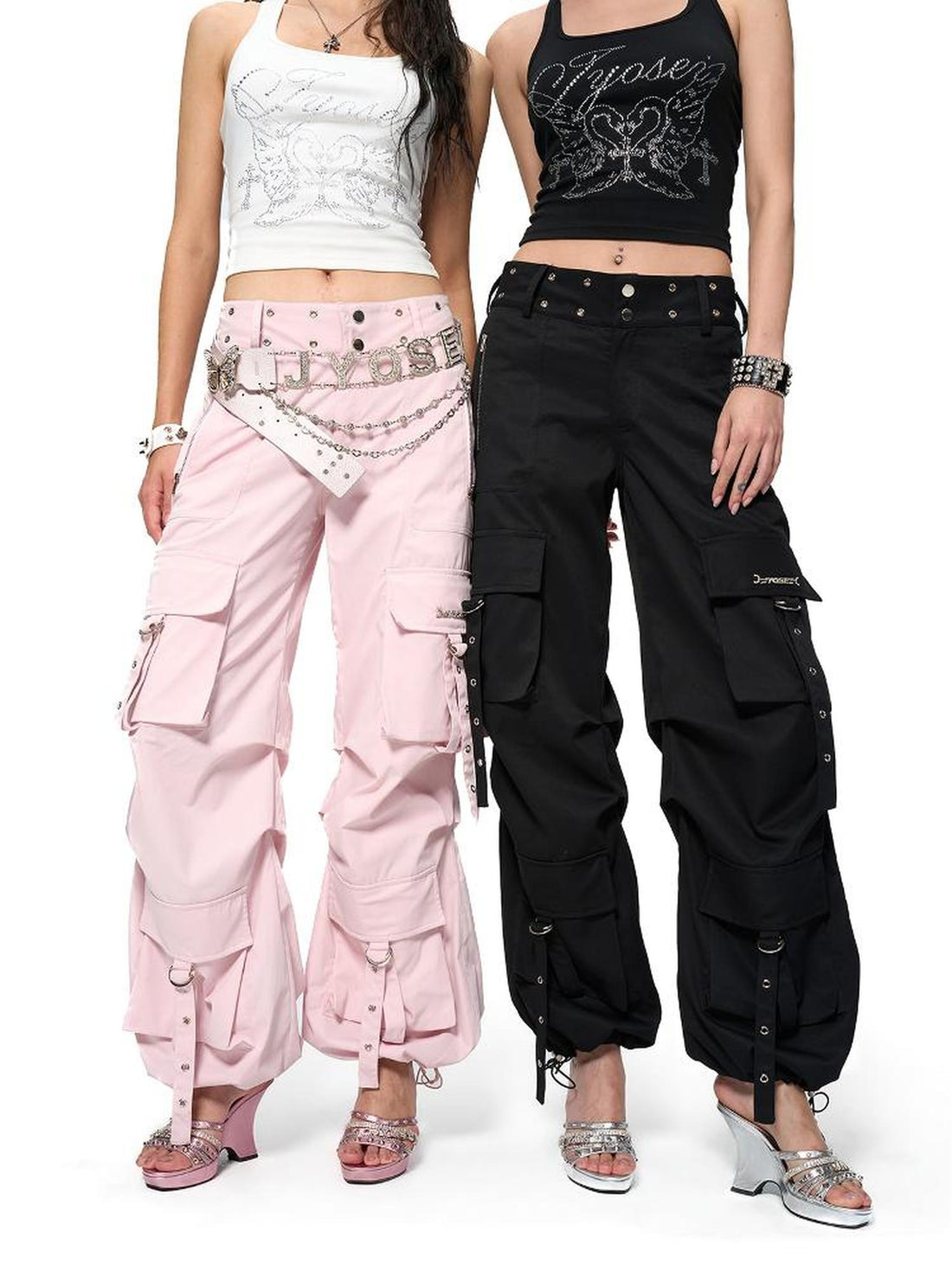 JYOSEI Y2K Low Waist Cargo Wide Leg Pants with Rivet Eyelets
