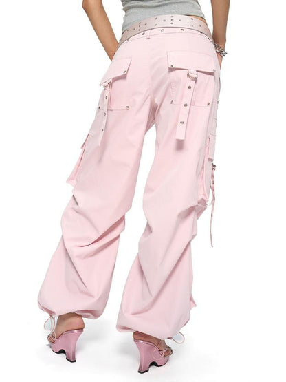 JYOSEI Y2K Low Waist Cargo Wide Leg Pants with Rivet Eyelets