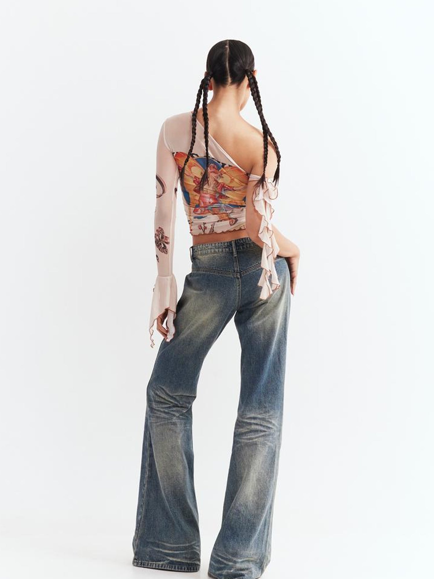 JYOSEI Y2K Sheer Mesh One Sleeve Top With Bow Retro Print