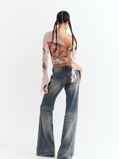 JYOSEI Y2K Sheer Mesh One Sleeve Top With Bow Retro Print