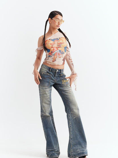 JYOSEI Y2K Sheer Mesh One Sleeve Top With Bow Retro Print