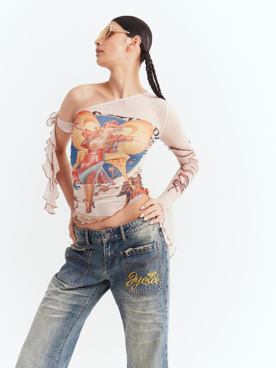 JYOSEI Y2K Sheer Mesh One Sleeve Top With Bow Retro Print