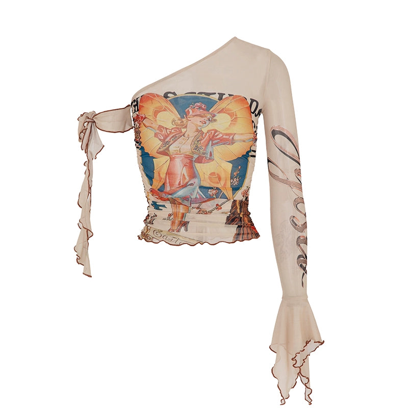 JYOSEI_Y2K_Sheer_Mesh_One_Sleeve_Top_With_Bow_Retro_Print_MISSTT