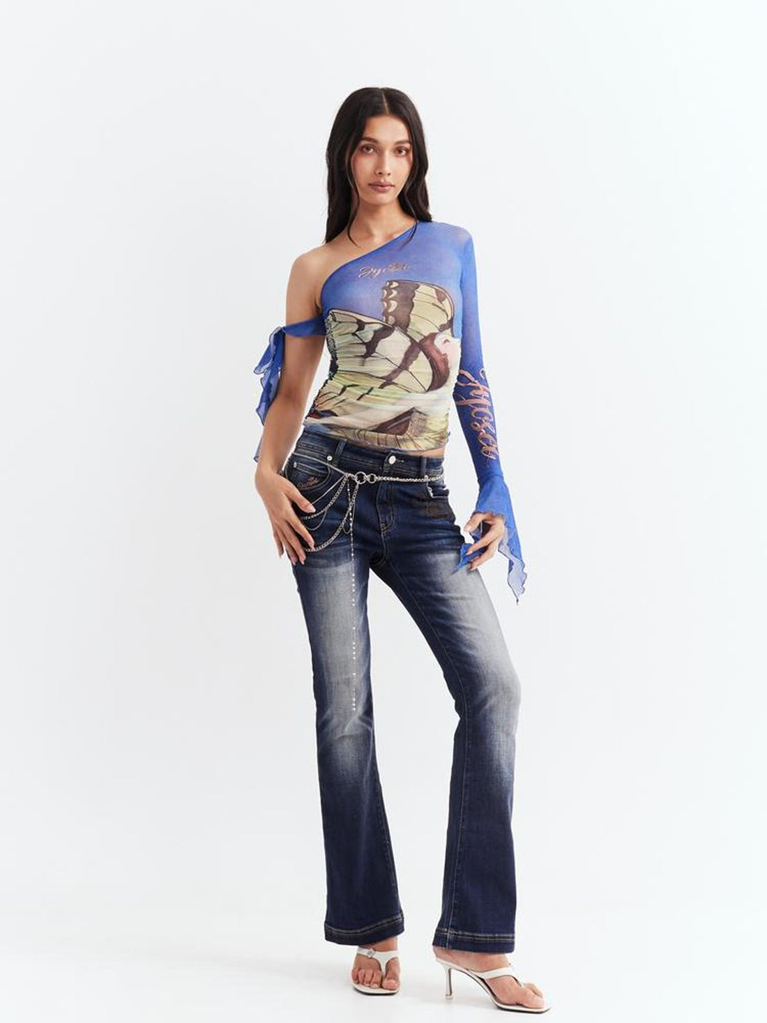 JYOSEI Y2K Sheer Mesh Ruffle One Shoulder Top With Print