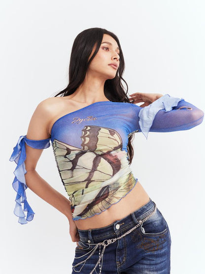 JYOSEI Y2K Sheer Mesh Ruffle One Shoulder Top With Print