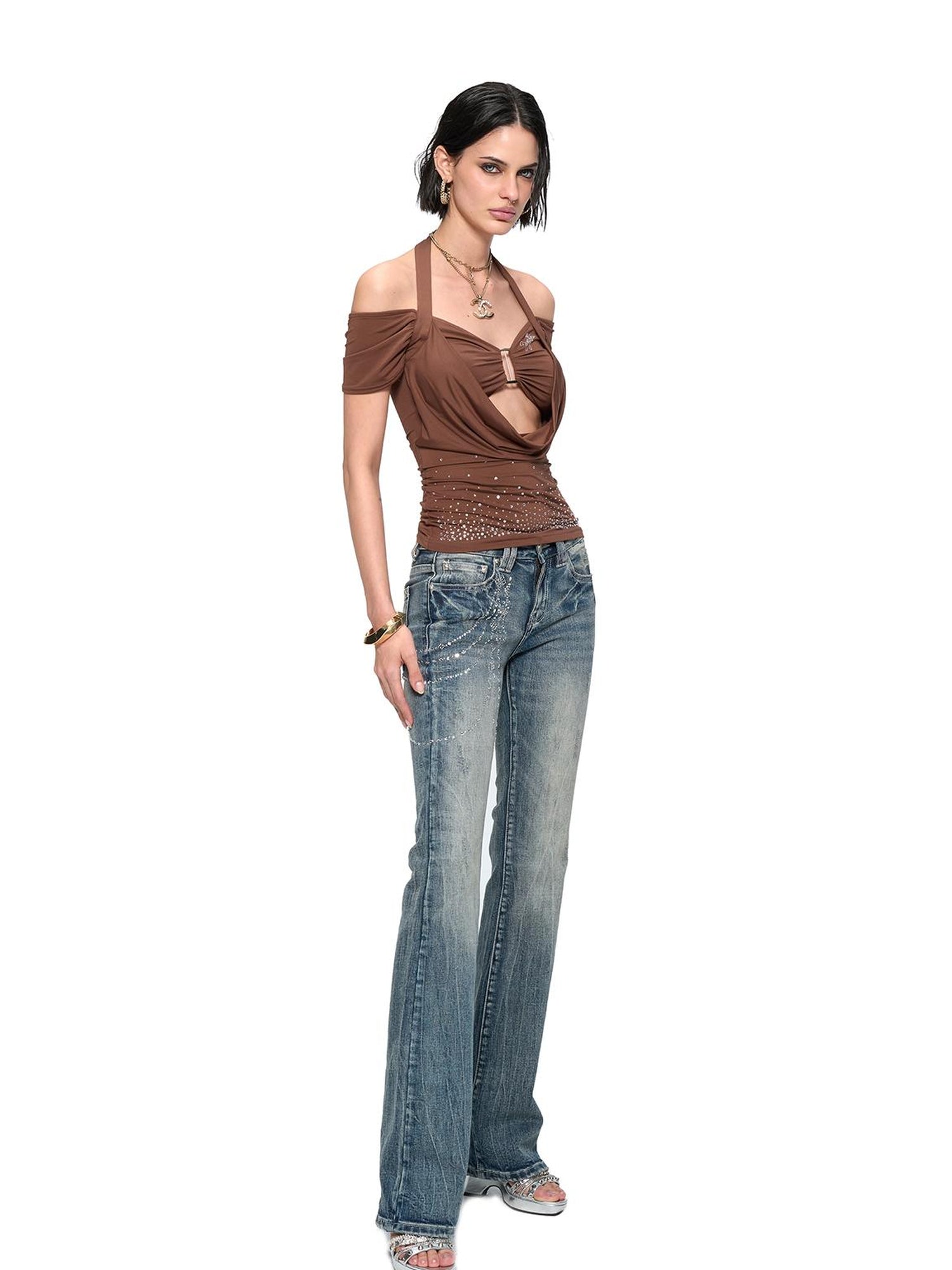 JYOSEI Y2K Strap Top With Draped Neckline &amp; Gradient Rhinestones