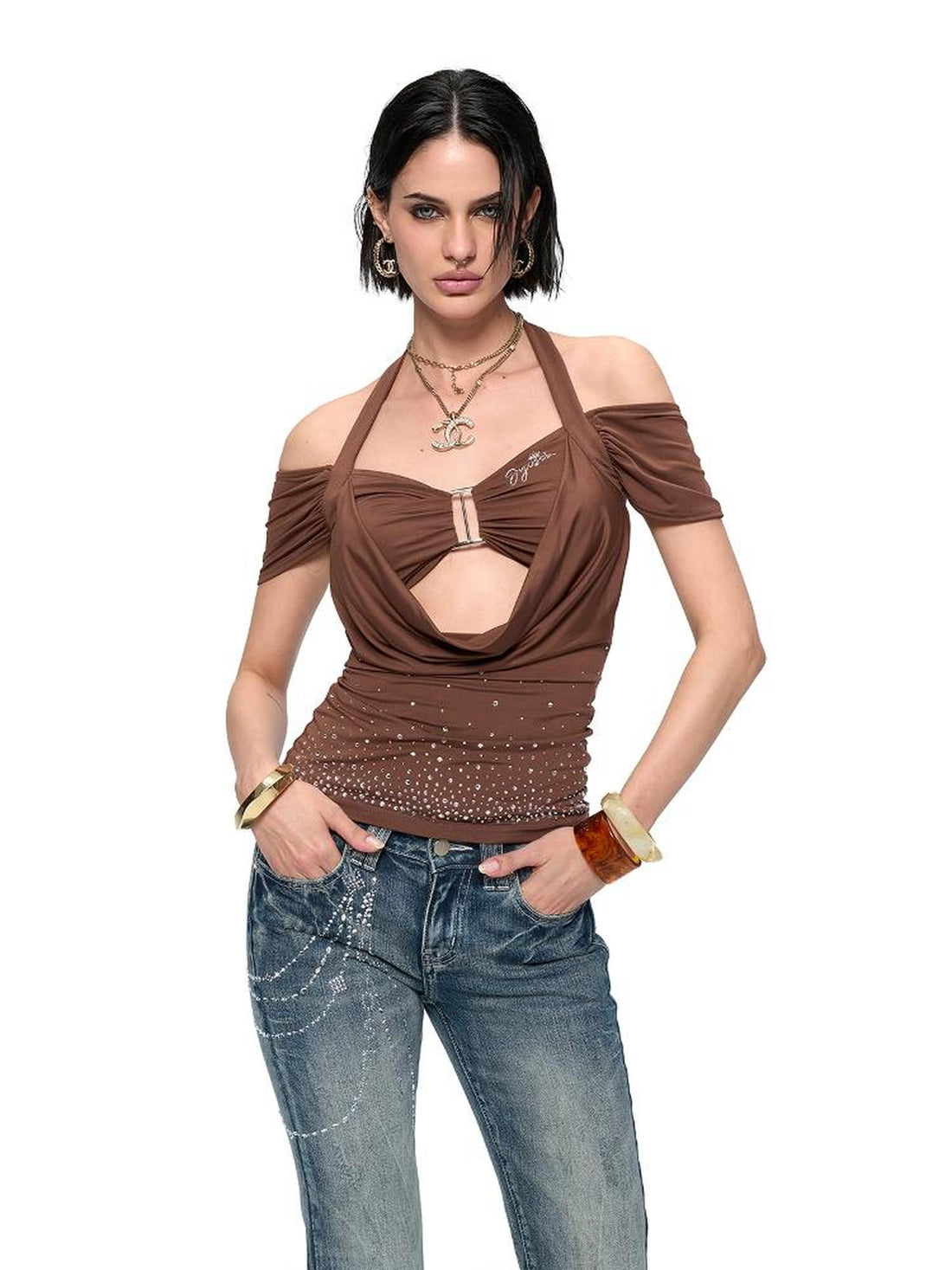JYOSEI Y2K Strap Top With Draped Neckline & Gradient Rhinestones