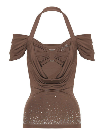 JYOSEI Y2K Strap Top With Draped Neckline &amp; Gradient Rhinestones