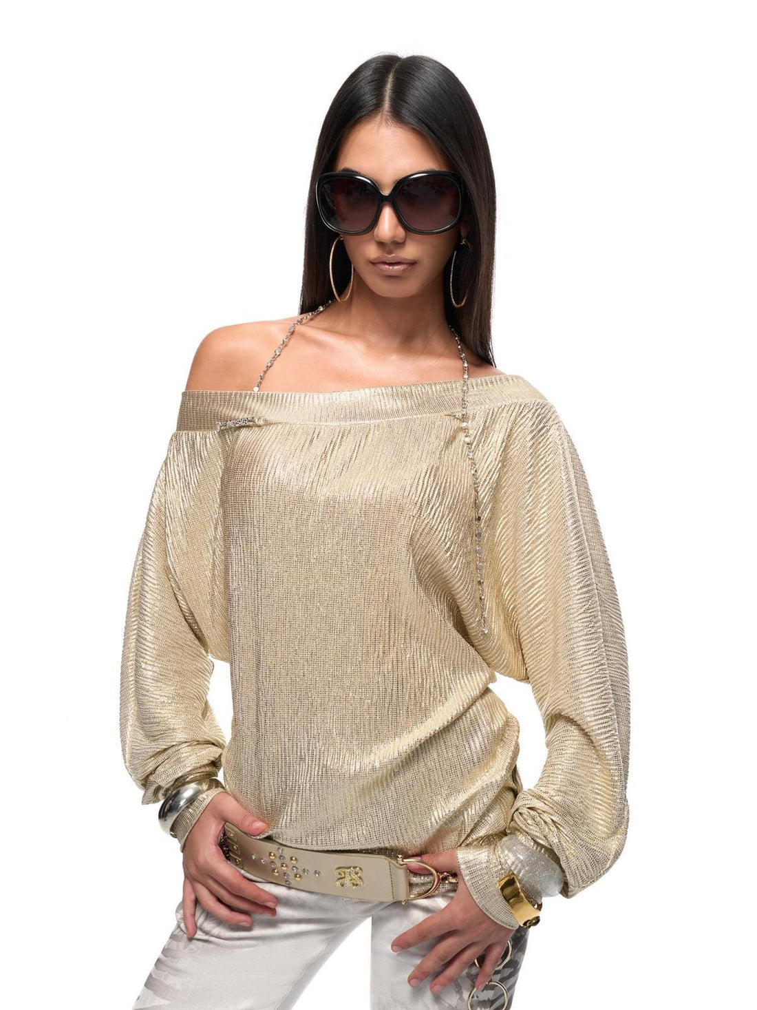 JYOSEI Y2k Gold Pleated Off Shoulder Chain Detail Loose Top