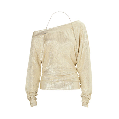 JYOSEI_Y2k_Gold_Pleated_Off_Shoulder_Chain_Detail_Loose_Top_MISSTT