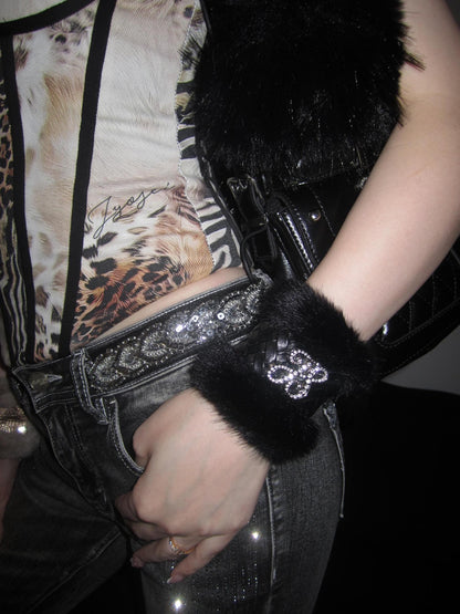 JYOSEI Y2k Retro Woven Rhinestone Faux Fur Leather Women&