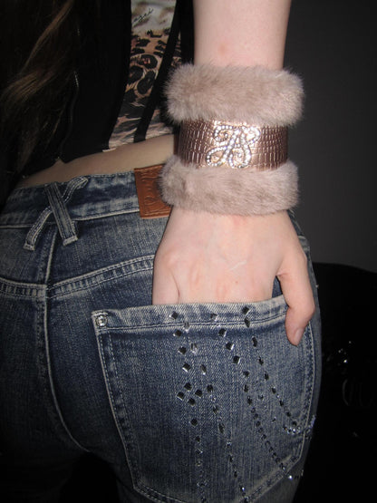 JYOSEI Y2k Retro Woven Rhinestone Faux Fur Leather Women&