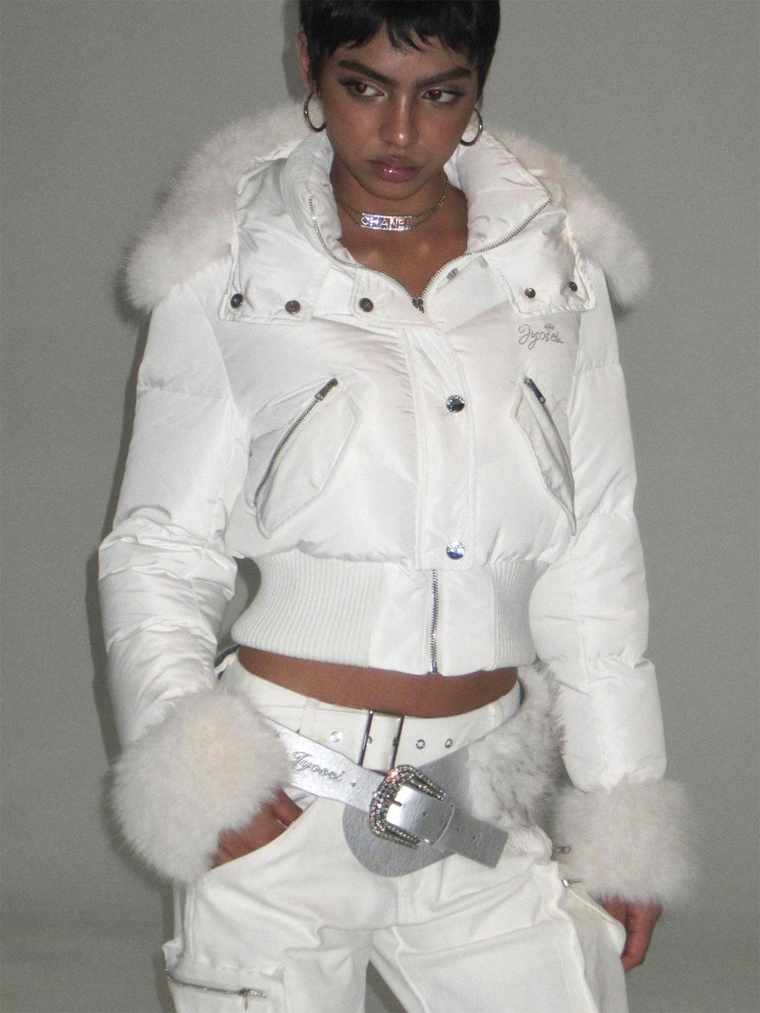 JYOSEI Y K White Waisted Short Down Jacket with Fur Trim and Ribbed Hem