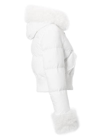 JYOSEI Y K White Waisted Short Down Jacket with Fur Trim and Ribbed Hem