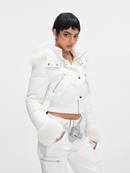 JYOSEI Y K White Waisted Short Down Jacket with Fur Trim and Ribbed Hem