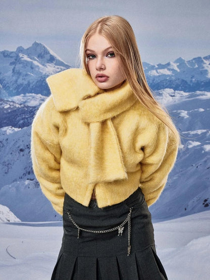 Yellow Wool Short Coat With Detachable Scarf