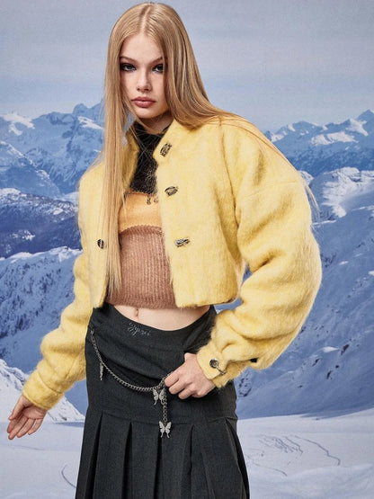 Yellow Wool Short Coat With Detachable Scarf