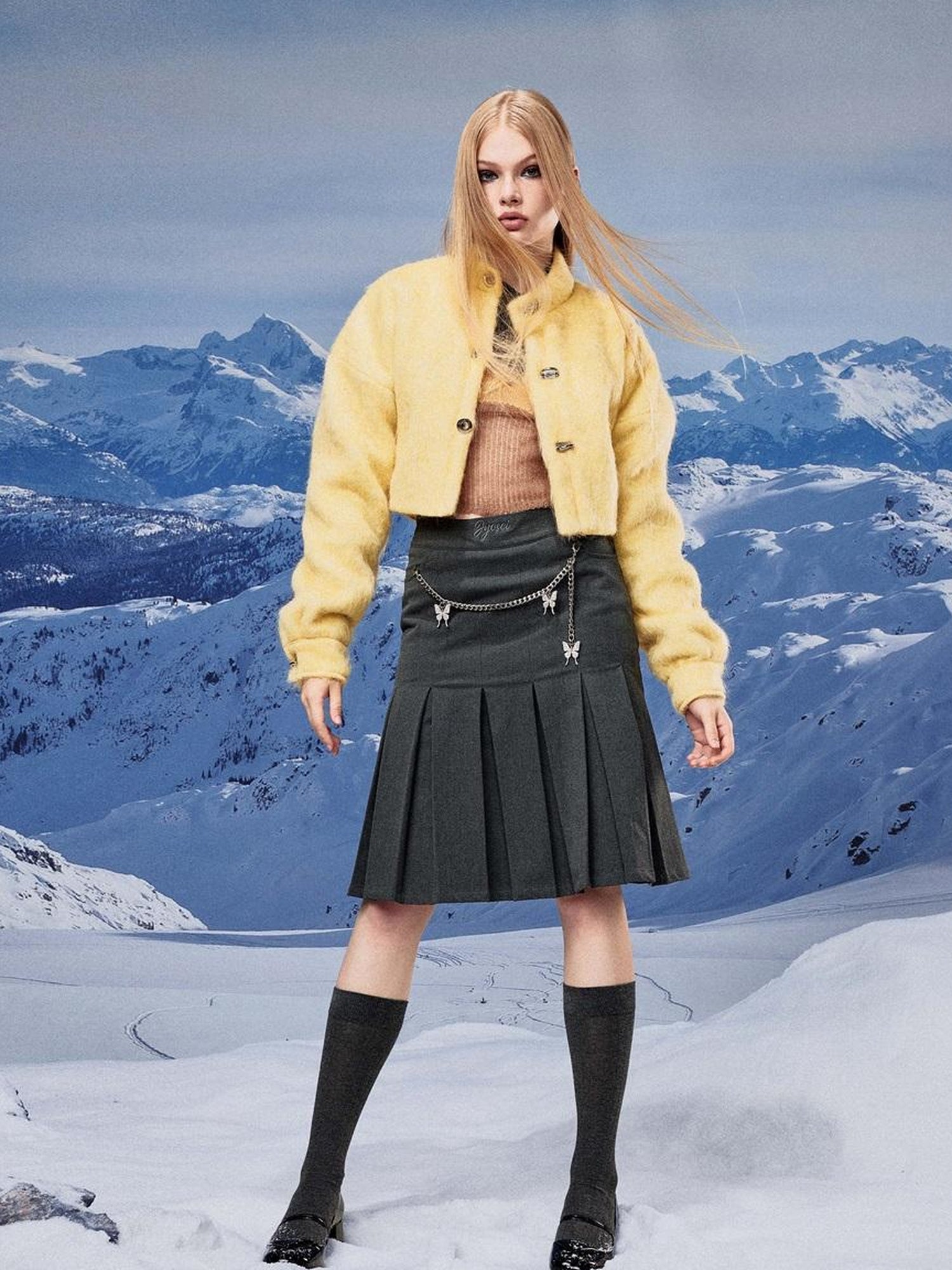 JYOSEI Yellow Wool Short Coat With Detachable Scarf