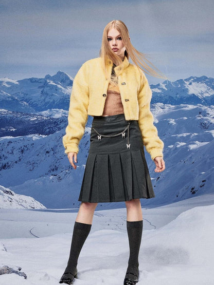 JYOSEI Yellow Wool Short Coat With Detachable Scarf