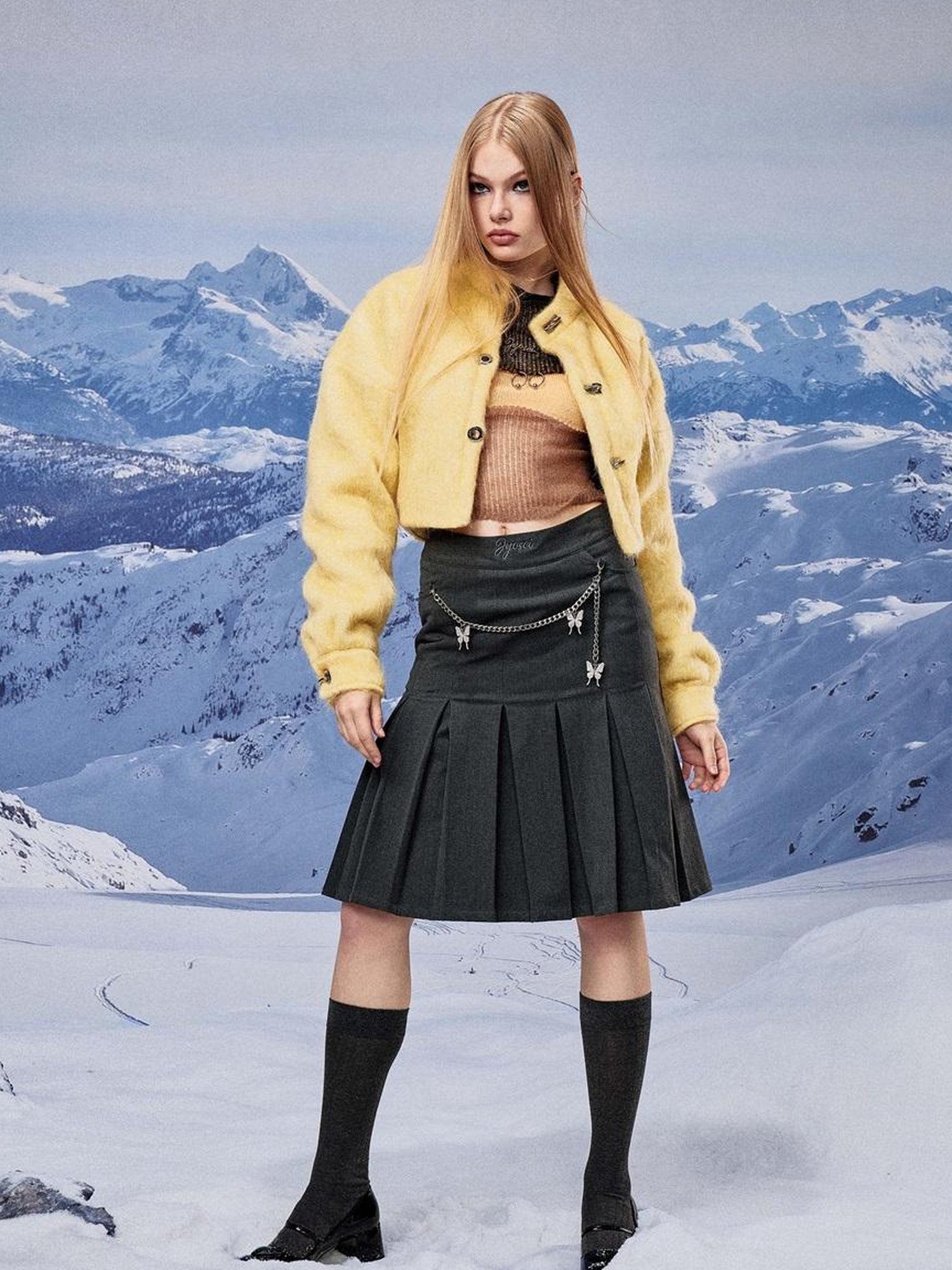 JYOSEI Yellow Wool Short Coat With Detachable Scarf