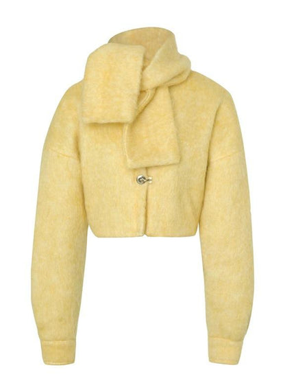 JYOSEI Yellow Wool Short Coat With Detachable Scarf