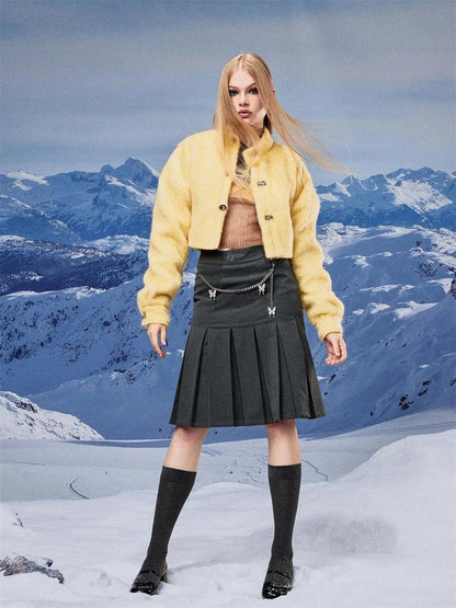 Yellow Wool Short Coat With Detachable Scarf