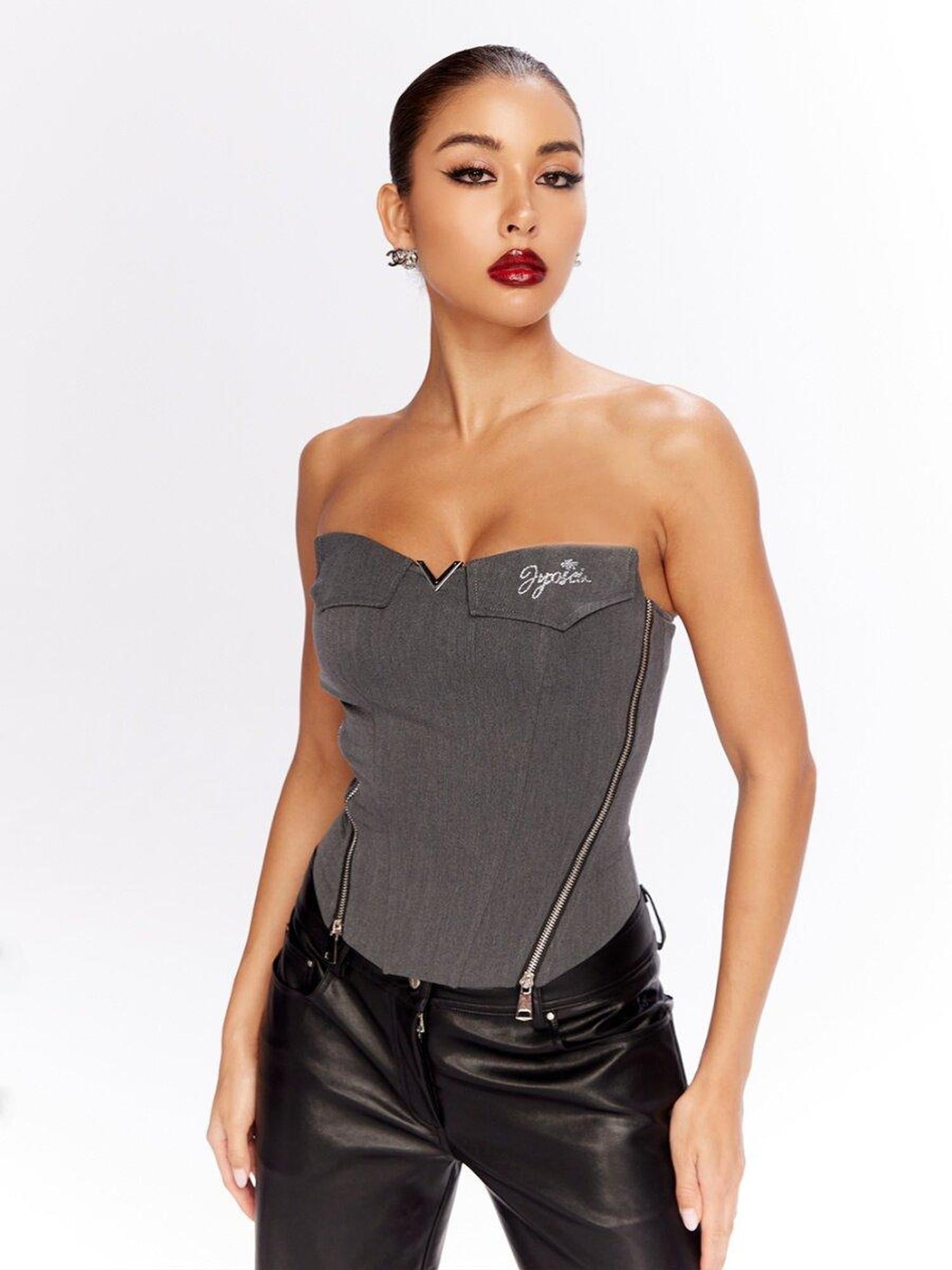 JYOSEI Zipper Front Original Slim Fit Dark Gray Polyester Casual Tank Tops