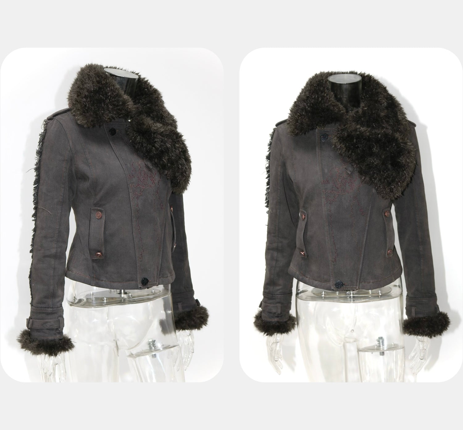 Update OPEN AESTHETIC Vintage Washed Embroidered Jacket Skirt Set with Detachable Fur Collar