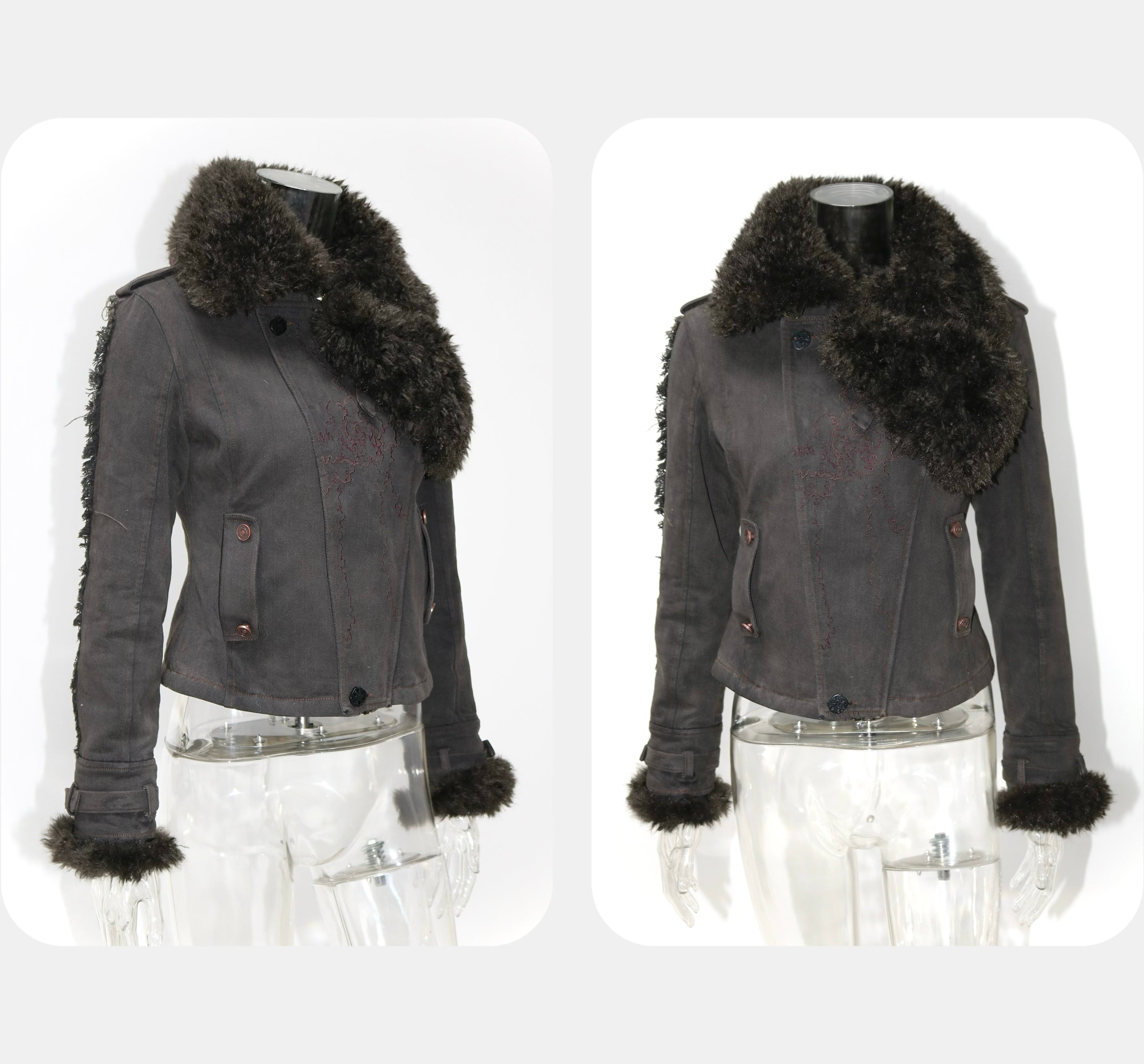 Update OPEN AESTHETIC Vintage Washed Embroidered Jacket Skirt Set with Detachable Fur Collar