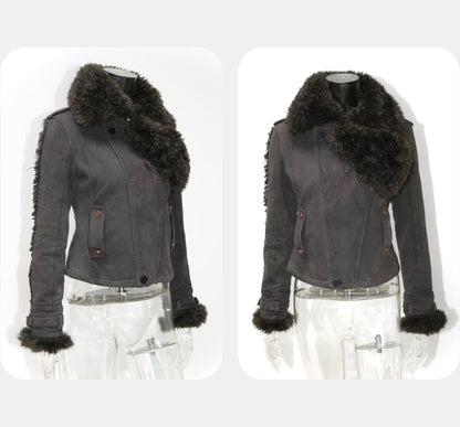 Update OPEN AESTHETIC Vintage Washed Embroidered Jacket Skirt Set with Detachable Fur Collar