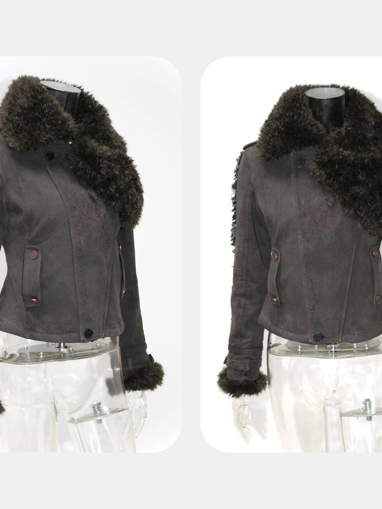 Vintage Washed Embroidered Jacket Skirt Set with Detachable Fur Collar