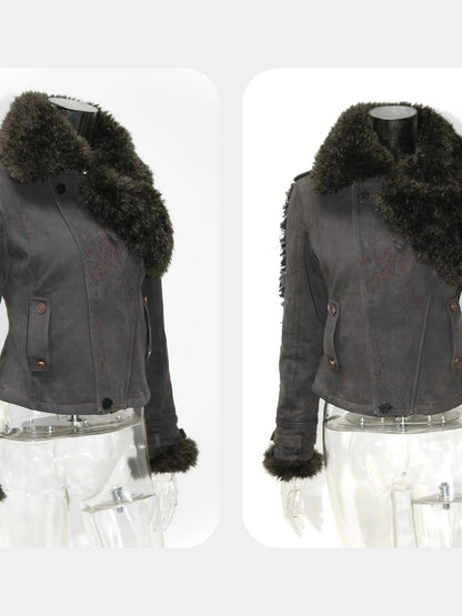 Vintage Washed Embroidered Jacket Skirt Set with Detachable Fur Collar