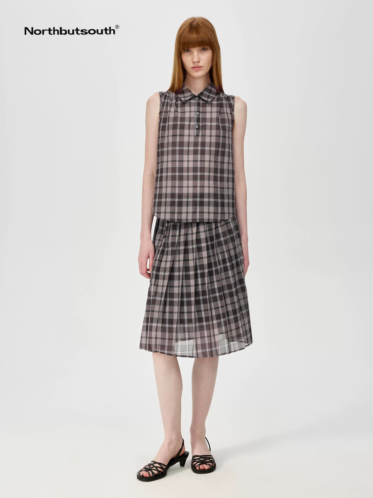 Japanese Checkered Sleeveless Vest Pleated Skirt Set