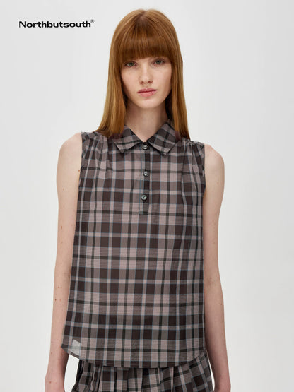 Japanese Checkered Sleeveless Vest Pleated Skirt Set